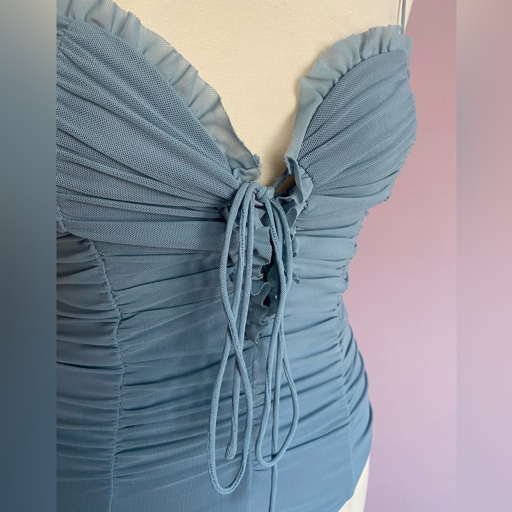 Hey Babe Blue Ruched Bodysuit Lace Up Bust Corset Style Mesh Size M - Picture 5 of 8